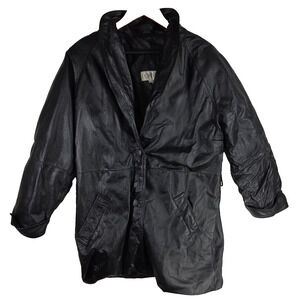 Vintage Comint Leather Trench Coat Womens Medium Black Long Overcoat Gorpcore